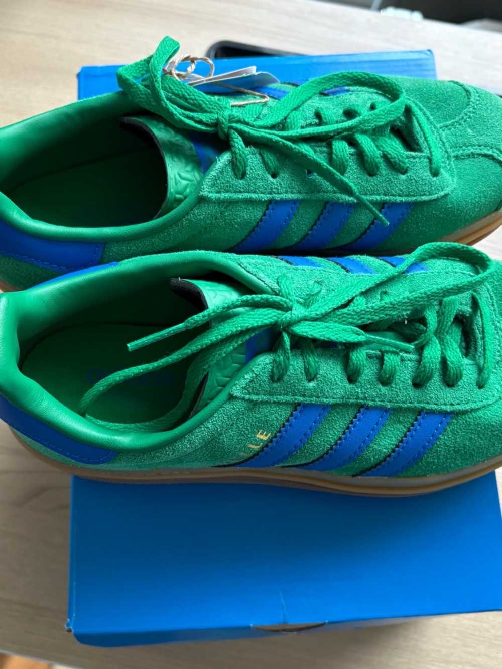 adidas gazelle bold  Green Suede Sneakers with Blue Stripes BNWT
